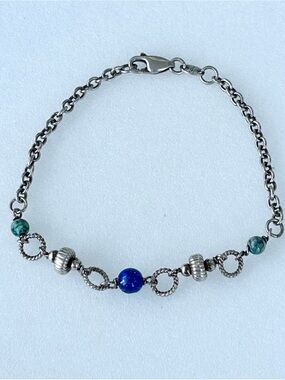Vintage Sterling Silver Bracelet 7.5” Lapis Lazuli and Turquoise Beads